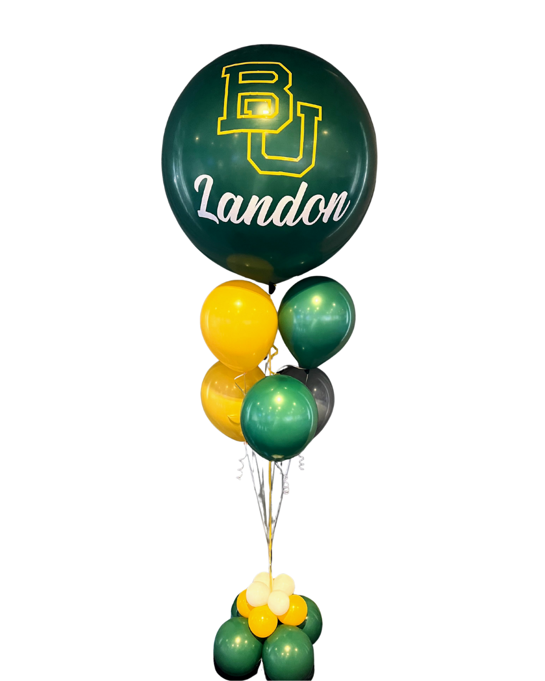 Green personalized jumbo balloon in a bouquet with yellow and green balloons for graduation