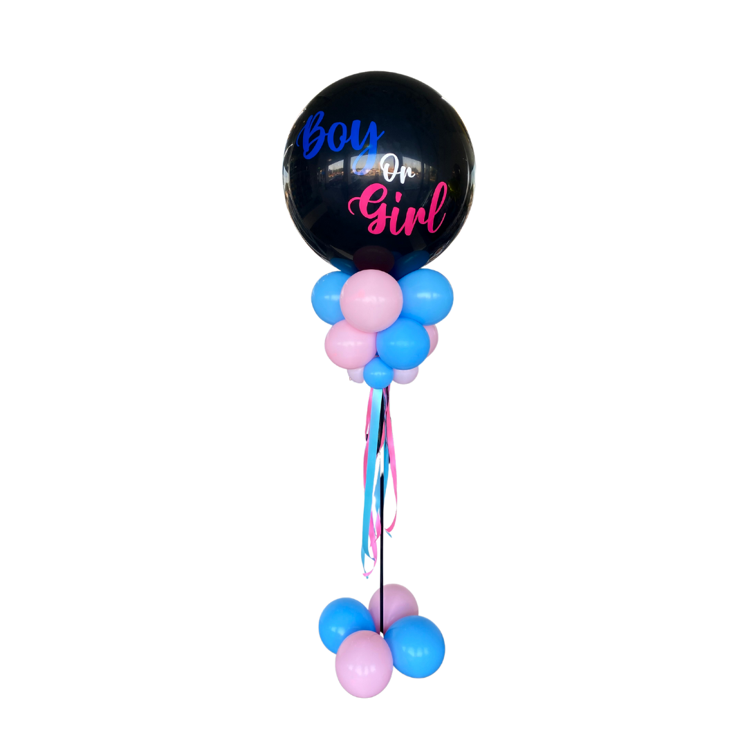A black balloon with the words `` boy or girl '' written on it is surrounded by pink and blue balloons.