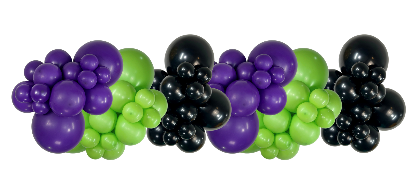 Balloon garland in lavender, lime green and black balloons
