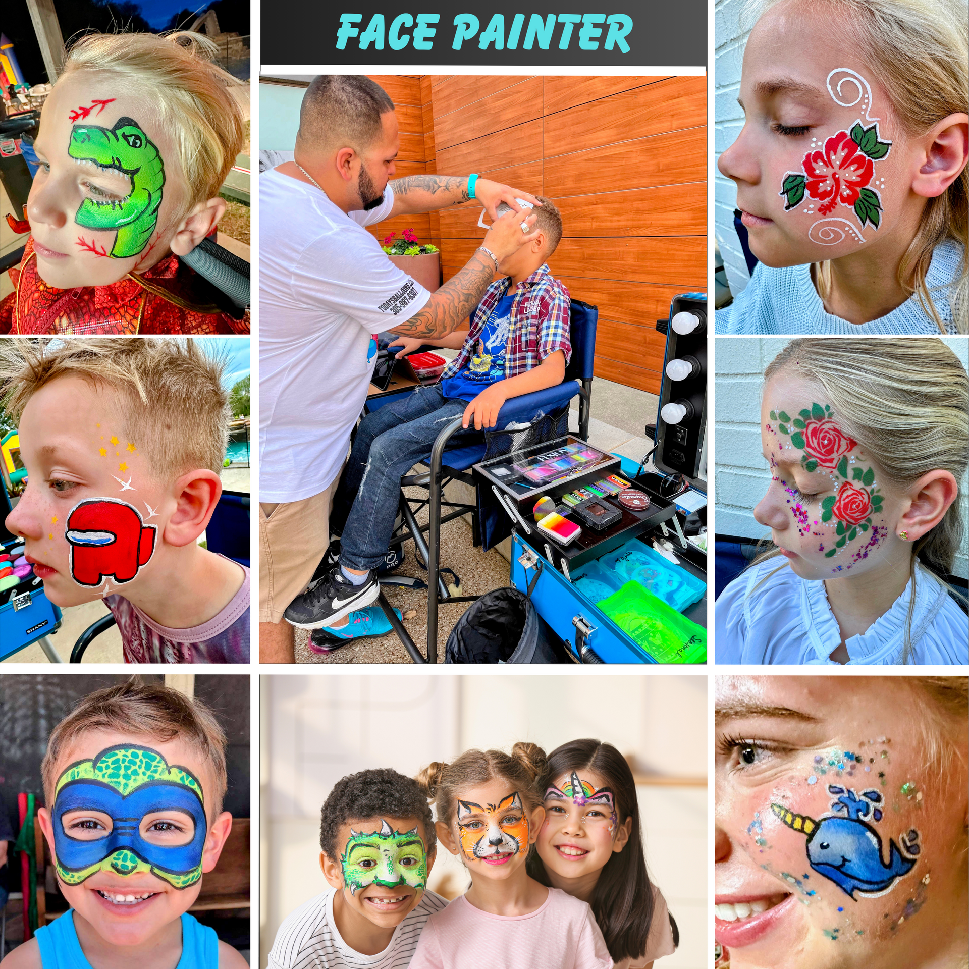 A collage of photos of people getting their face painted by a face painter.