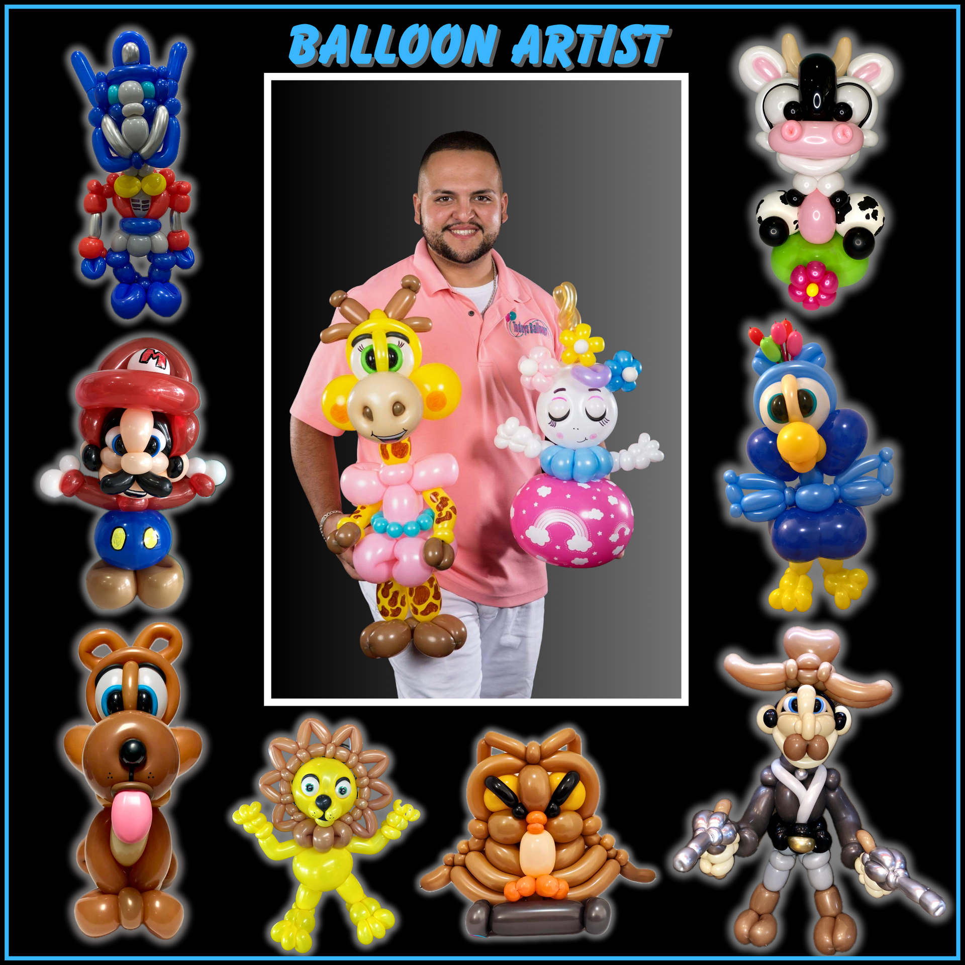 A man is standing next to a bunch of balloons that are shaped like animals.