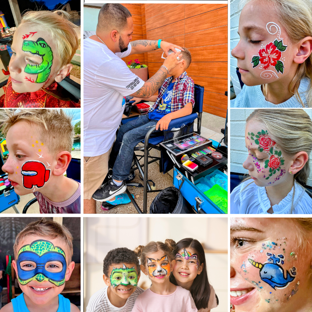 A collage of pictures of people getting their face painted.