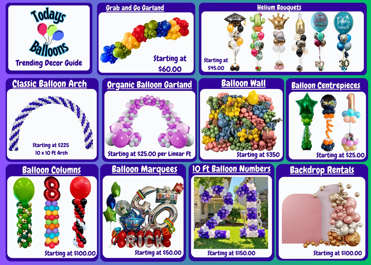 A pricing guide showing balloon examples and styles.