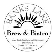 Black and white circular logo for Banks Lake Brew & Bistro, featuring a sun design and contact information.