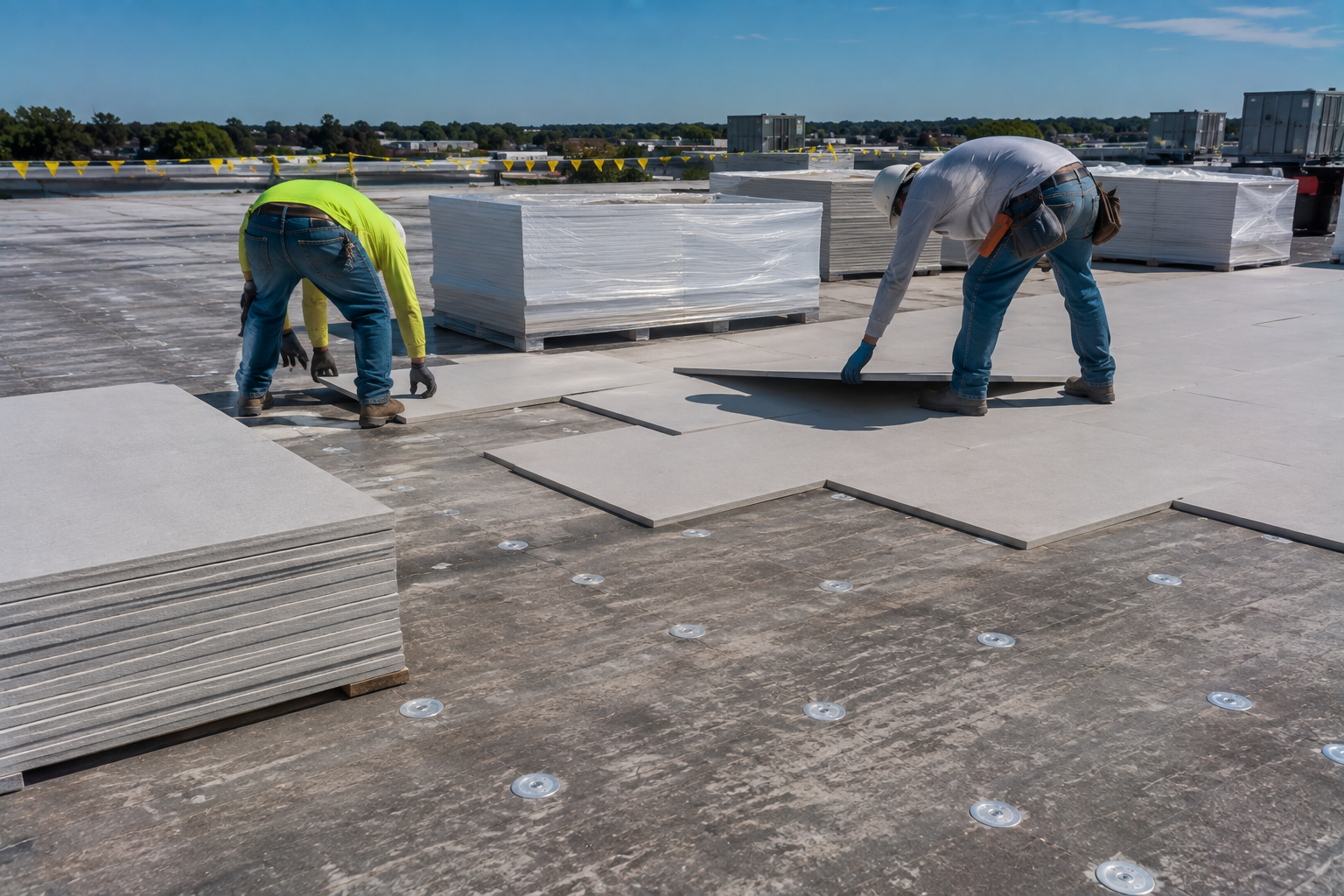 Workers laying large white tiles on a flat rooftop under clear sky