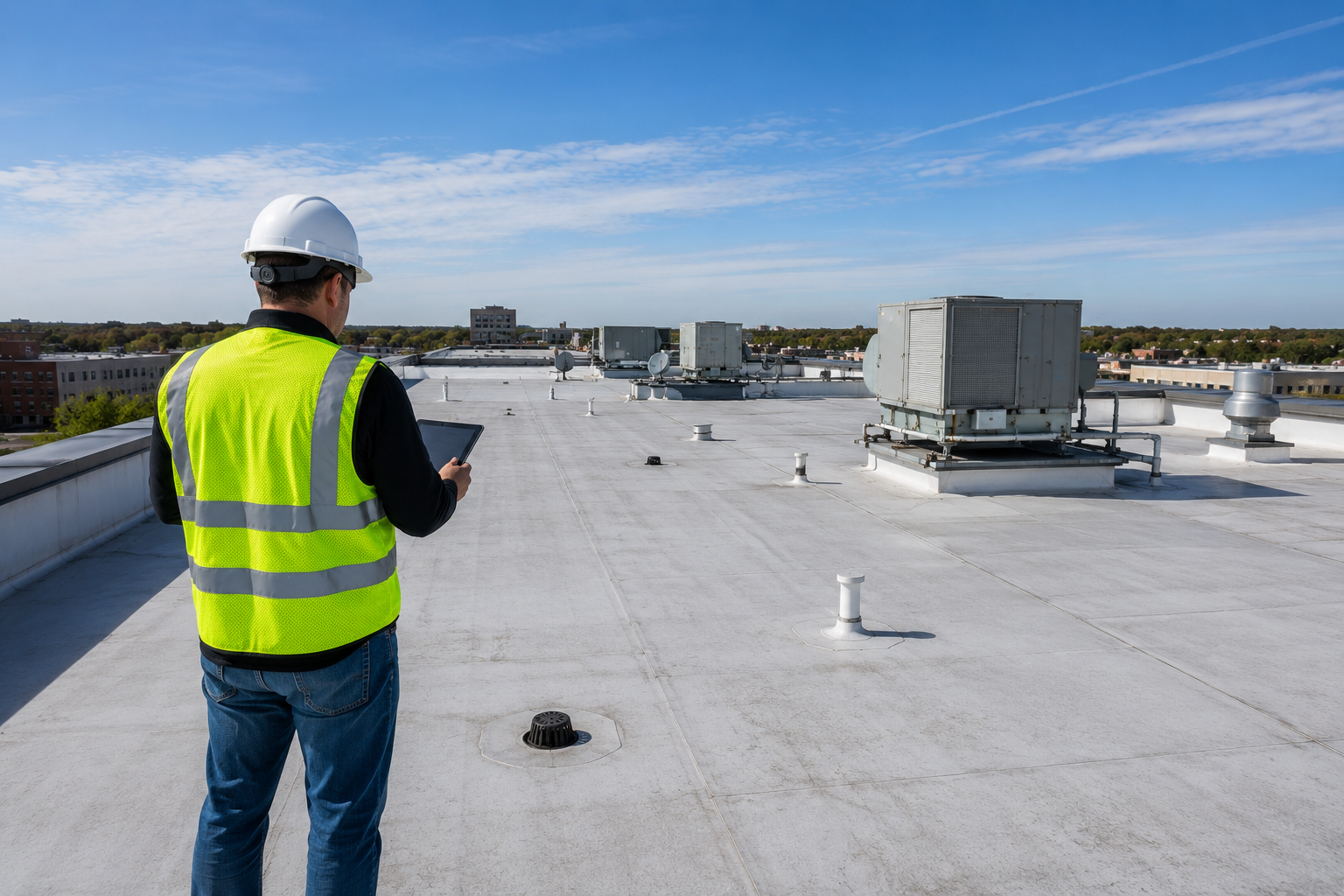 Worker in a hard hat and neon vest inspects a flat rooftop with HVAC units under a clear sky