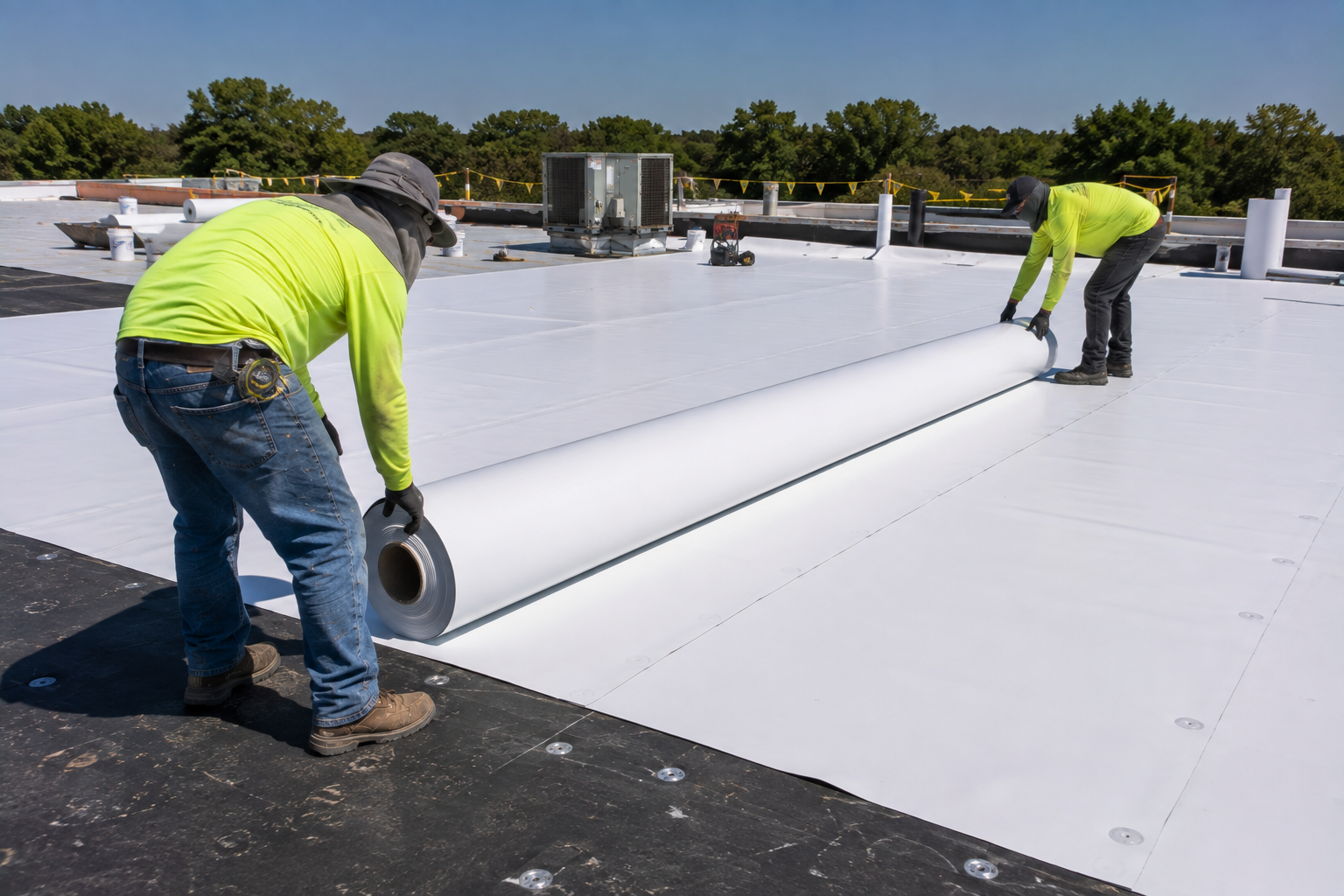 Workers installing a white rooftop membrane on a flat roof under bright sunlight.