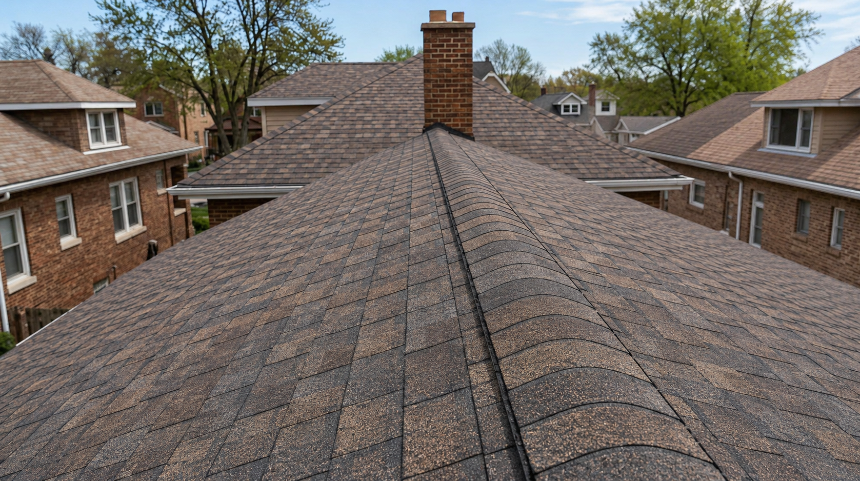 View from a rooftop with brown shingles, centered chimney, and neighboring brick houses on both sides