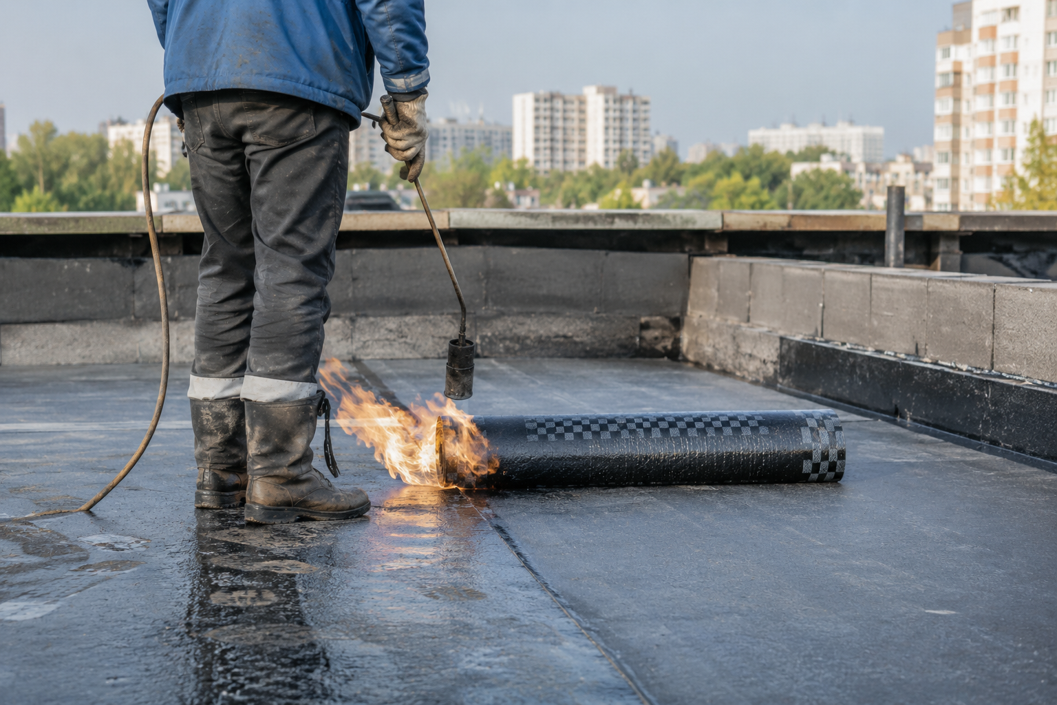 Worker torch-sealing a black waterproofing membrane on a flat rooftop.
