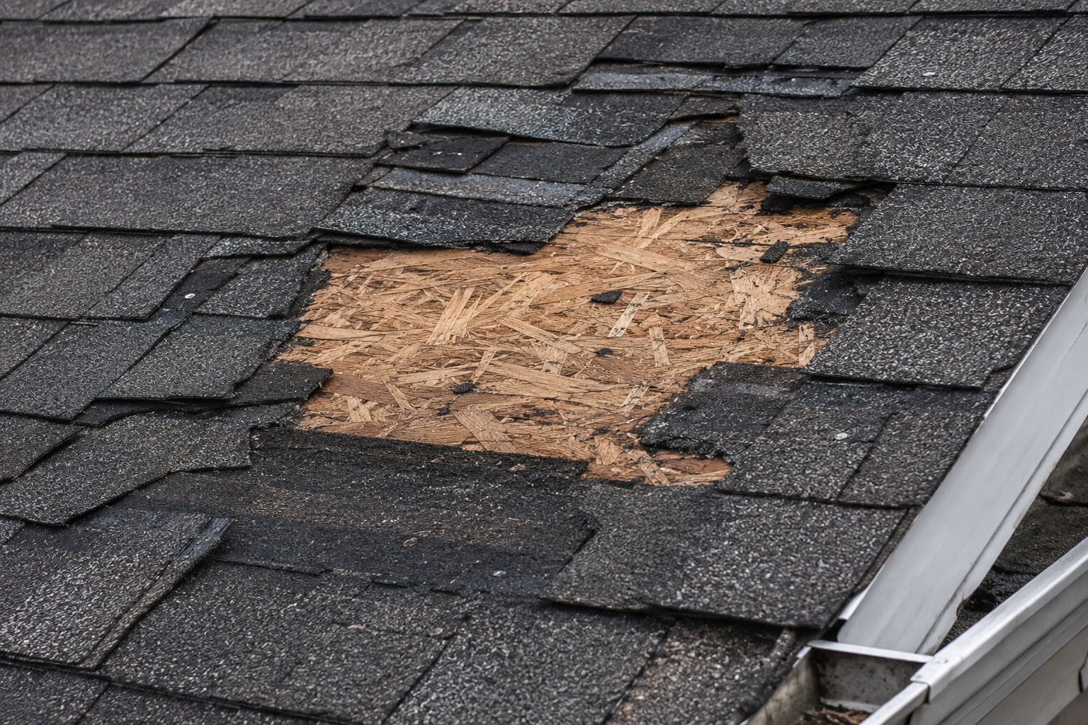 Damaged asphalt shingle roof with a large exposed plywood patch near the gutter