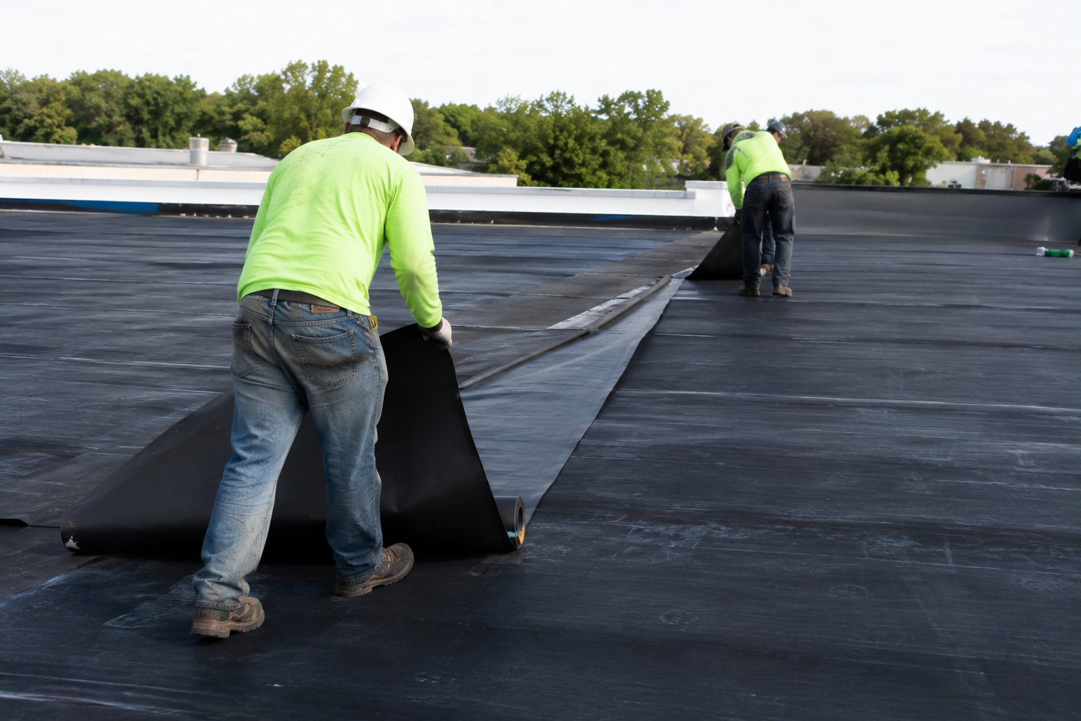 Two workers in neon shirts unroll black roofing membrane on a flat roof outdoors