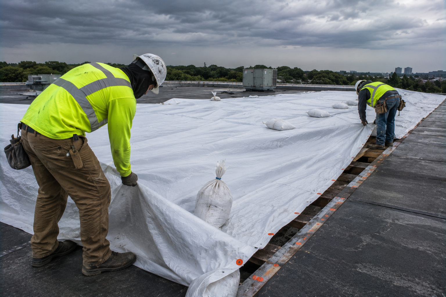 Workers in neon jackets securing a large white tarp on a rooftop