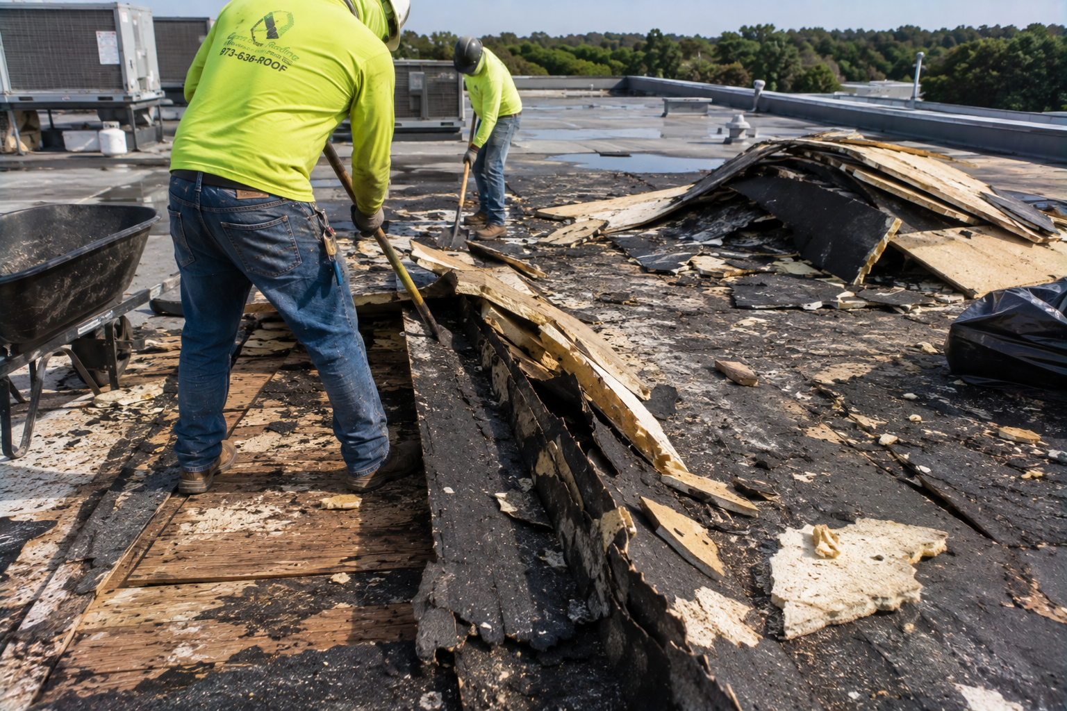 Workers repairing a damaged flat roof with tarps and boards after storm damage