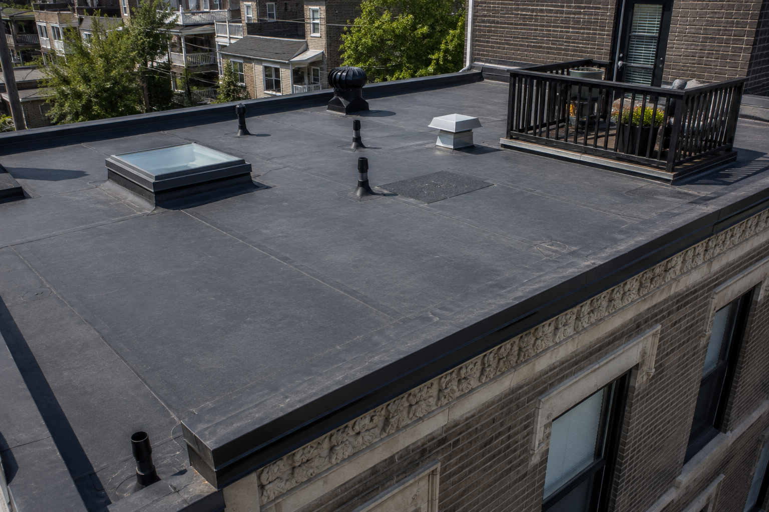 Flat rooftop with black membrane, vents, and railings on a brick building in an urban neighborhood