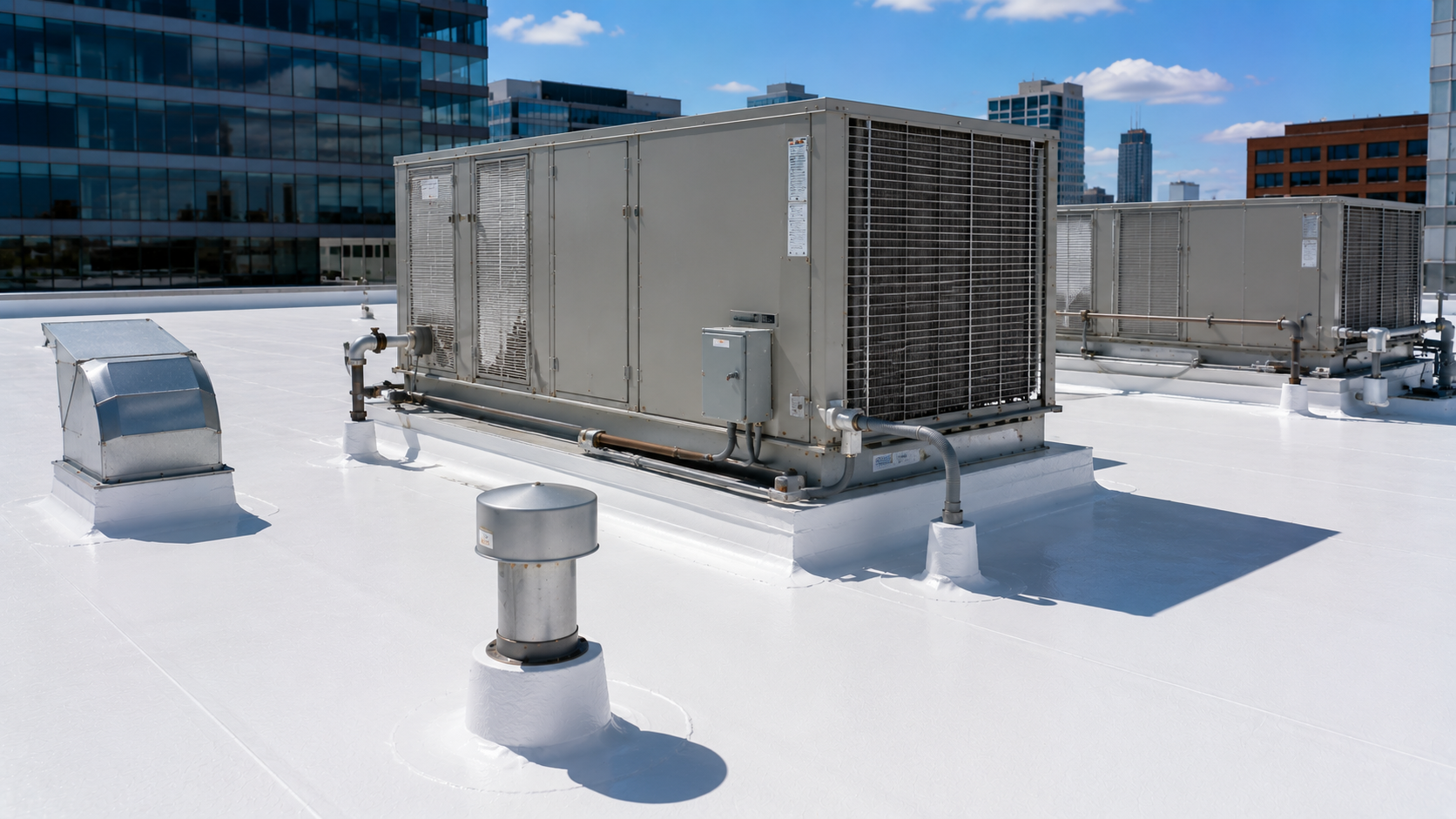 Rooftop HVAC unit and vents on a white, snow-covered building roof under a blue sky