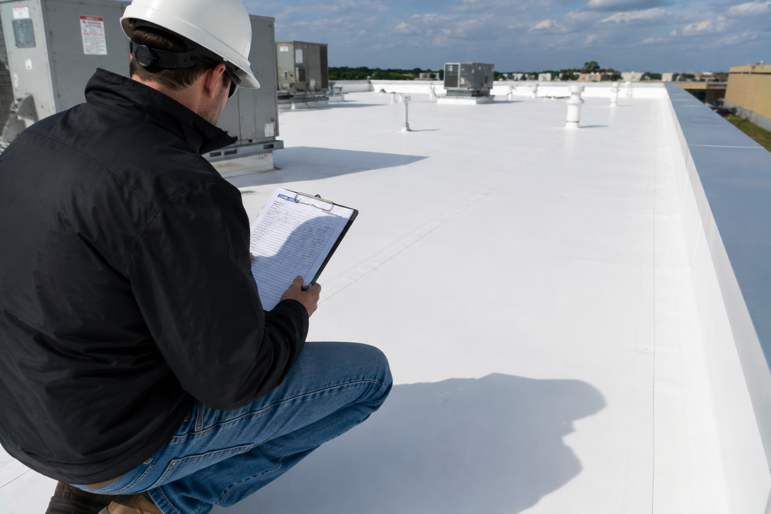 Worker in hard hat inspects a white rooftop with a clipboard on a sunny day