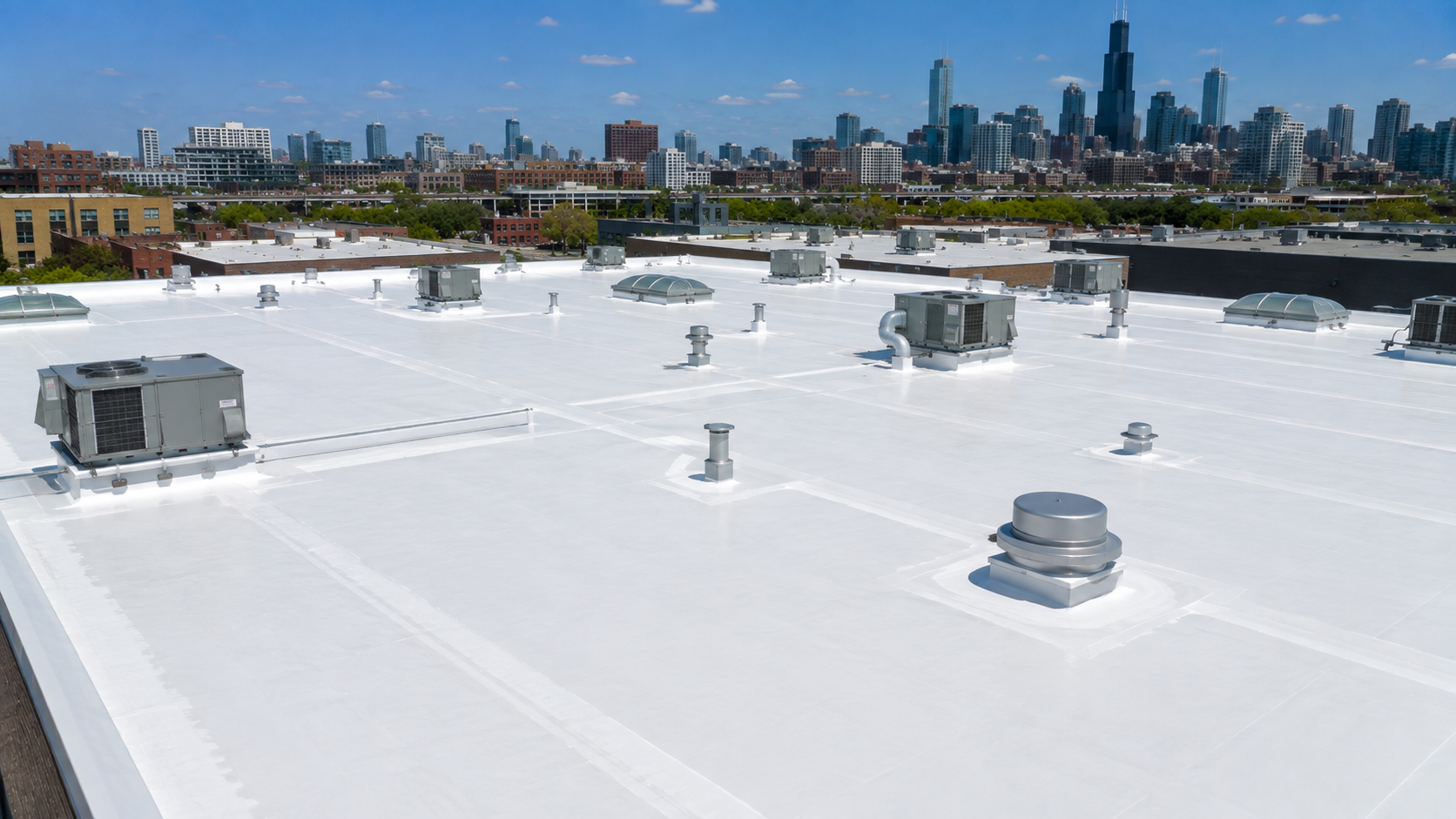 White rooftop with HVAC units overlooking a city skyline on a clear day