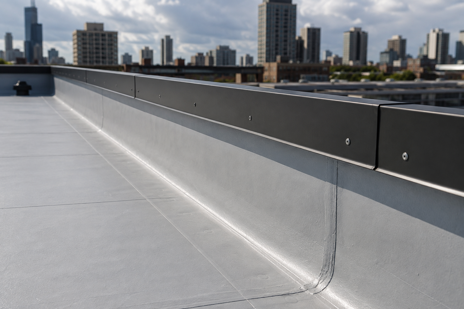 Rooftop terrace with a city skyline in the background and a low gray parapet in the foreground