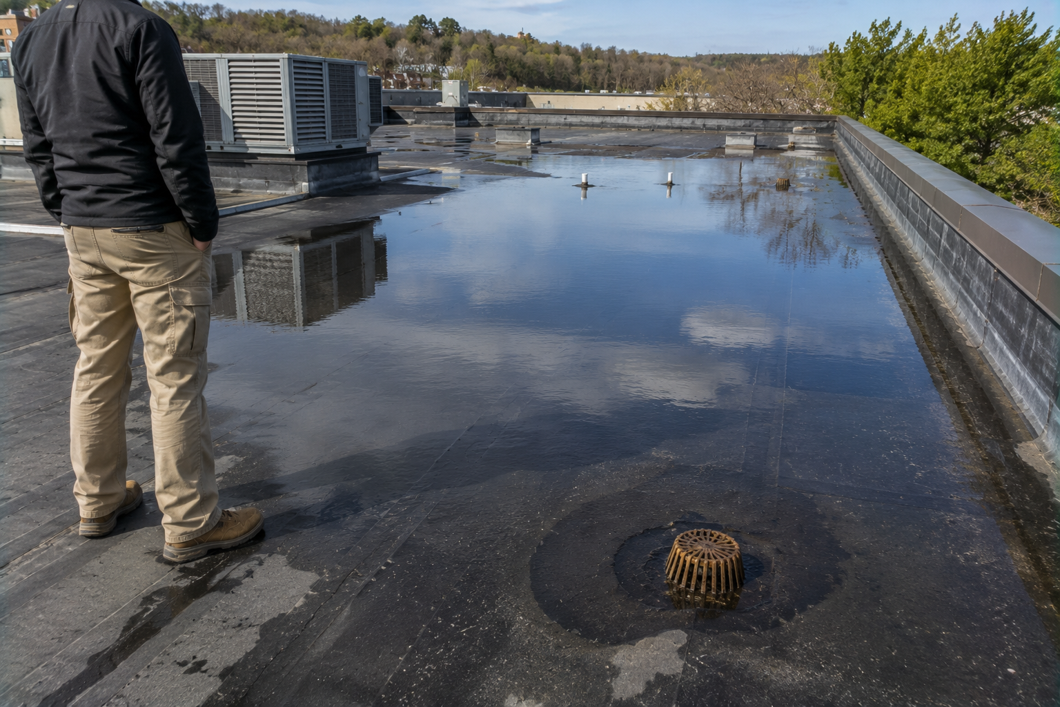 Rooftop with standing water, drainage vent, and a person inspecting the surface.