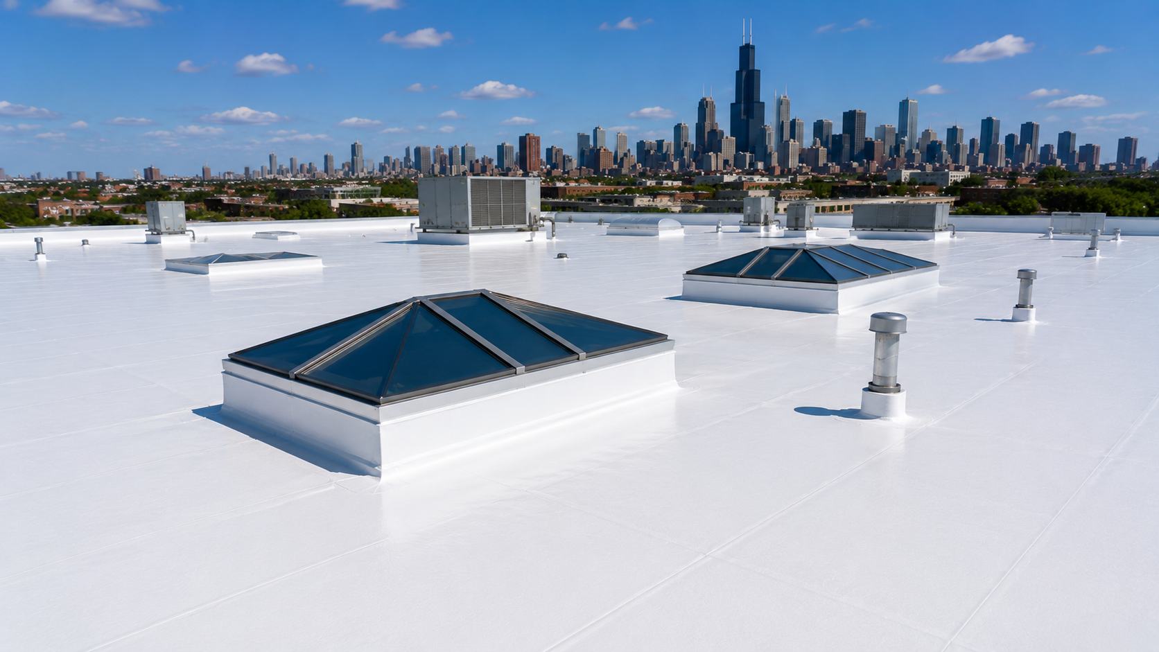 Flat white rooftop with skylights and city skyline in the distance under a blue sky
