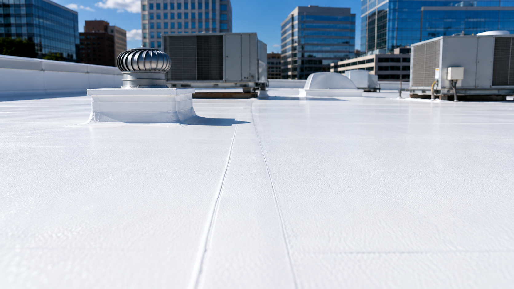 Snow-covered rooftop with HVAC units and office buildings in the background