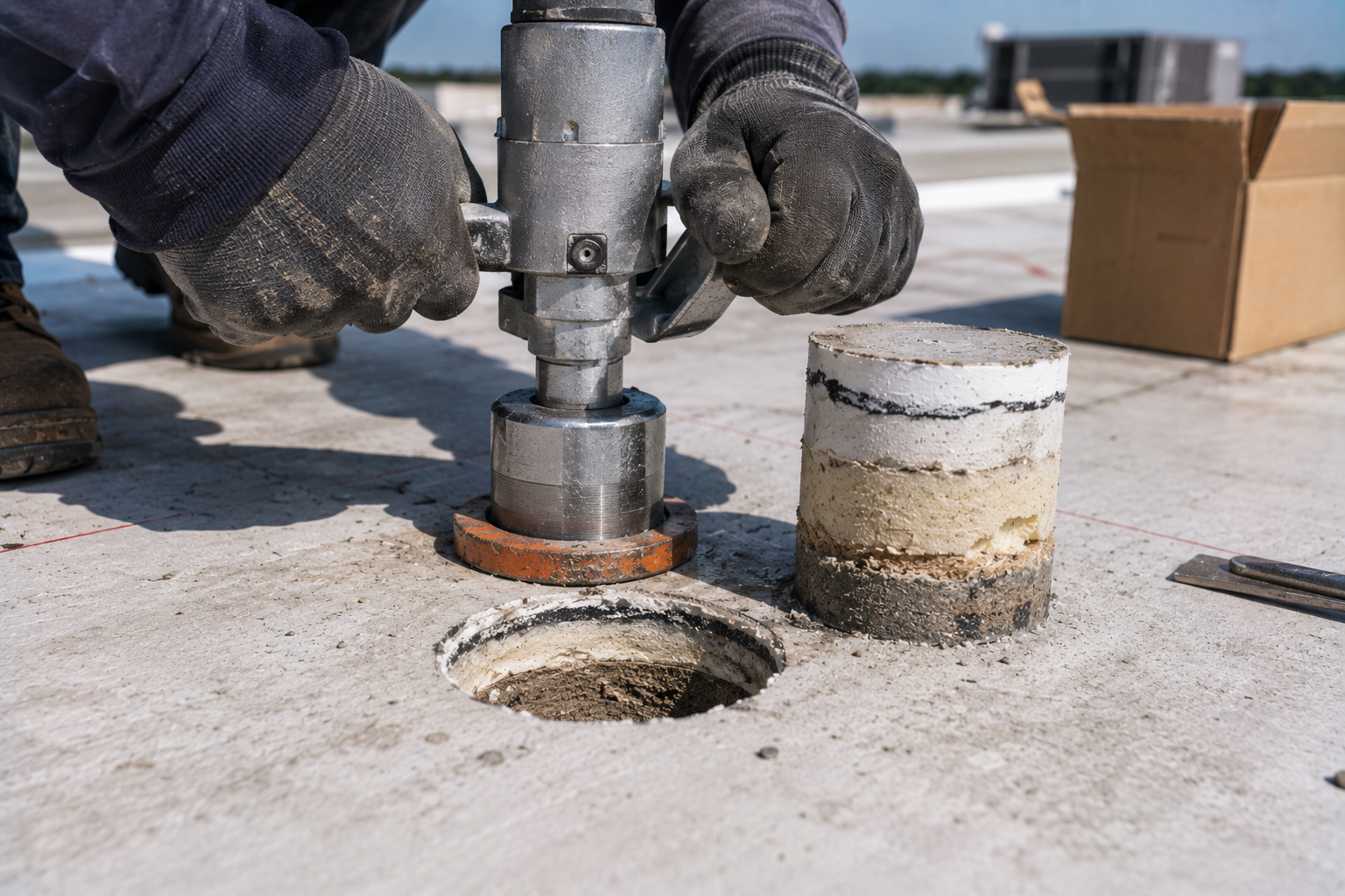 Gloved hands operating a tool to drill into a concrete rooftop near a hole and pipe fitting