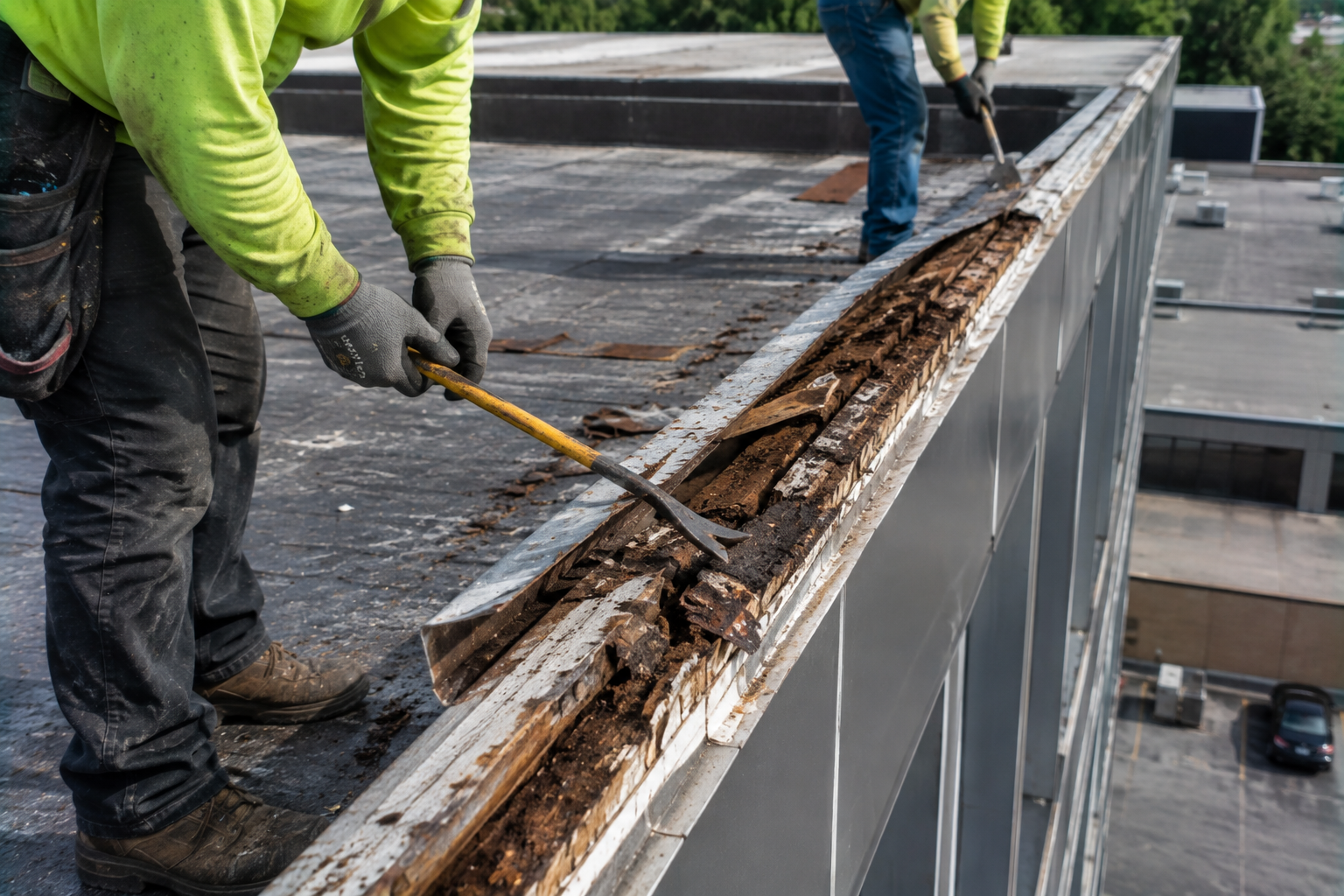 Workers prying up a damaged rooftop seam with tools on a flat roof