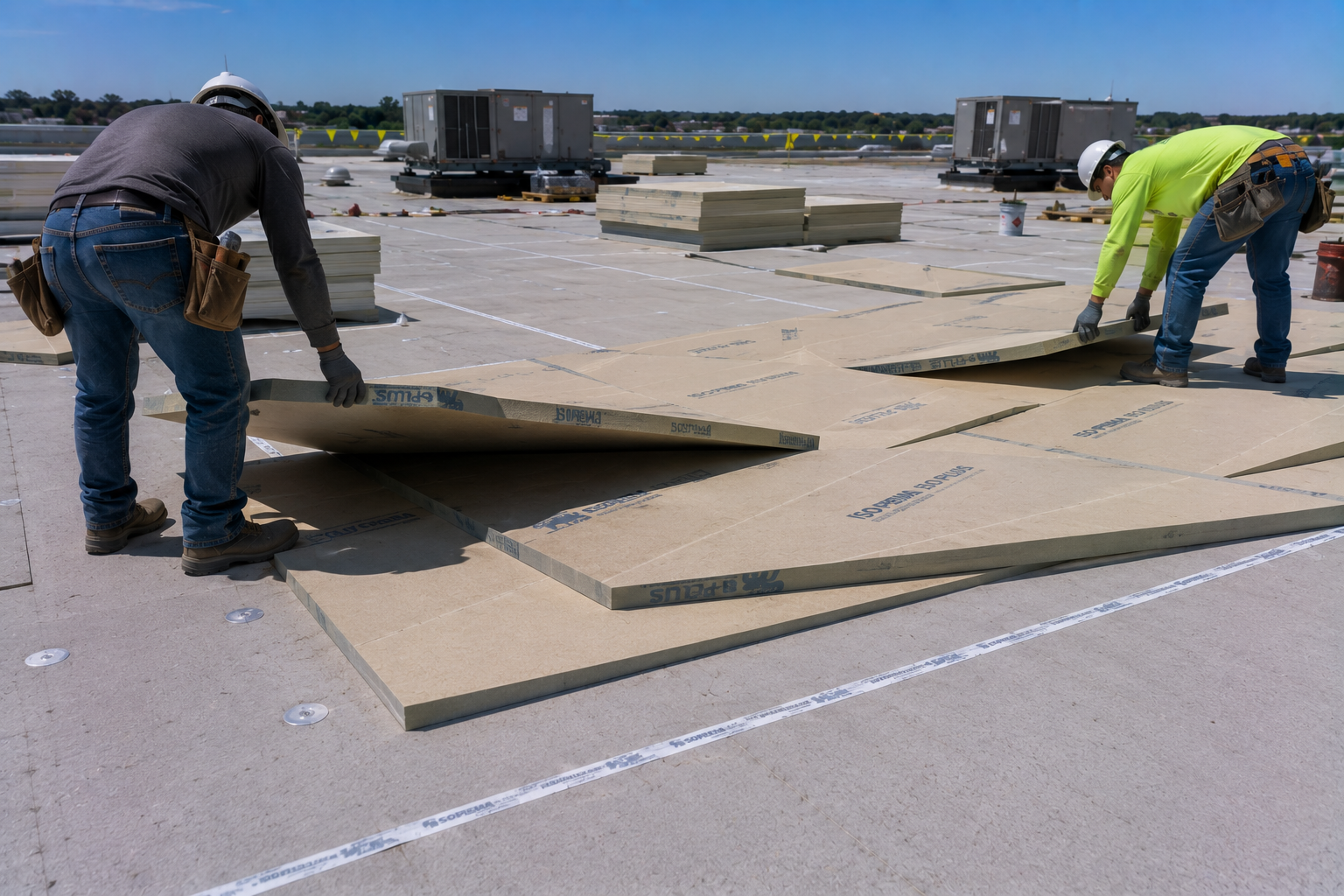 Workers installing large flat roofing panels on a rooftop under clear sky