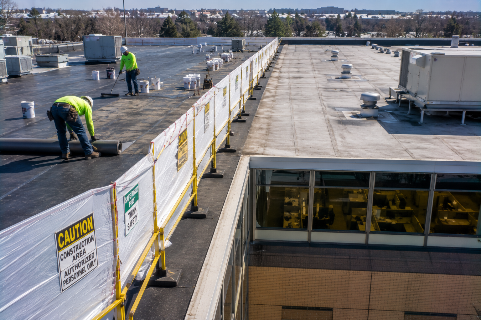 Workers installing rooftop safety barriers on a flat commercial building under a clear sky