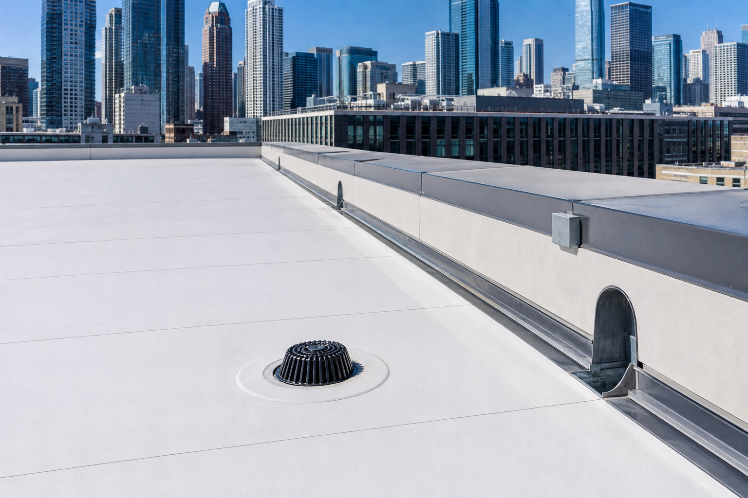 Rooftop with white membrane surface and city skyline in the background