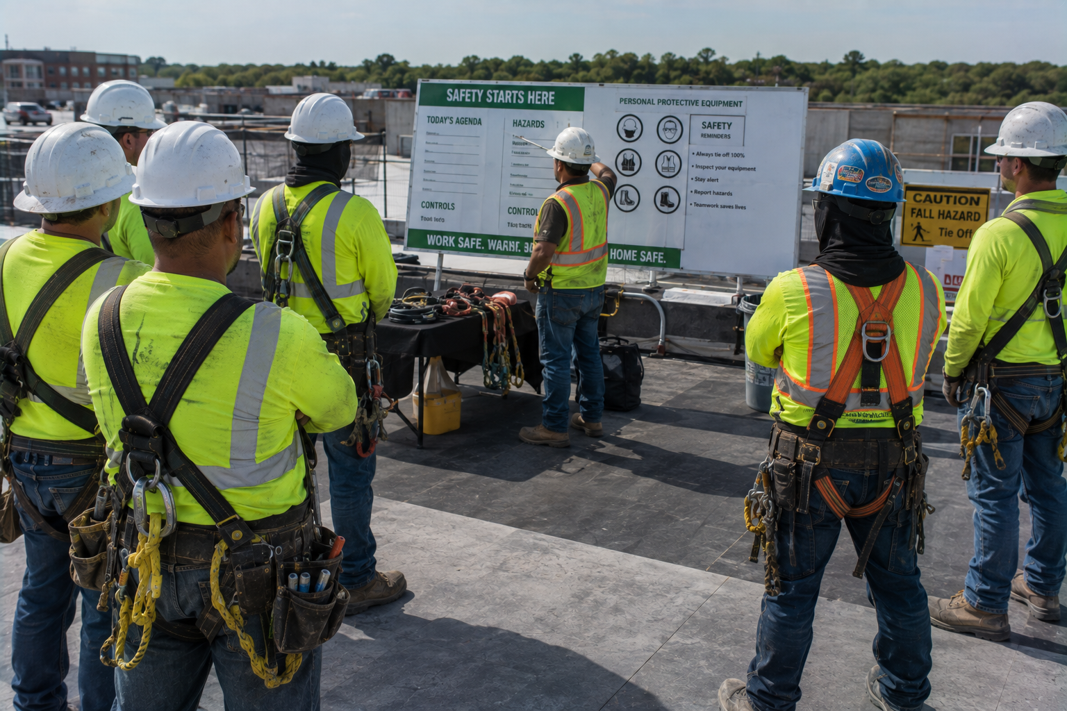 Workers in safety gear reviewing a site safety board on a rooftop construction area