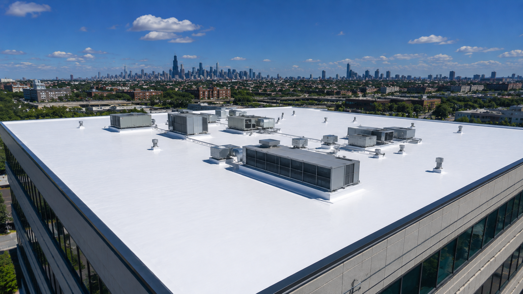 Rooftop HVAC units on a white commercial building with a city skyline in the distance.