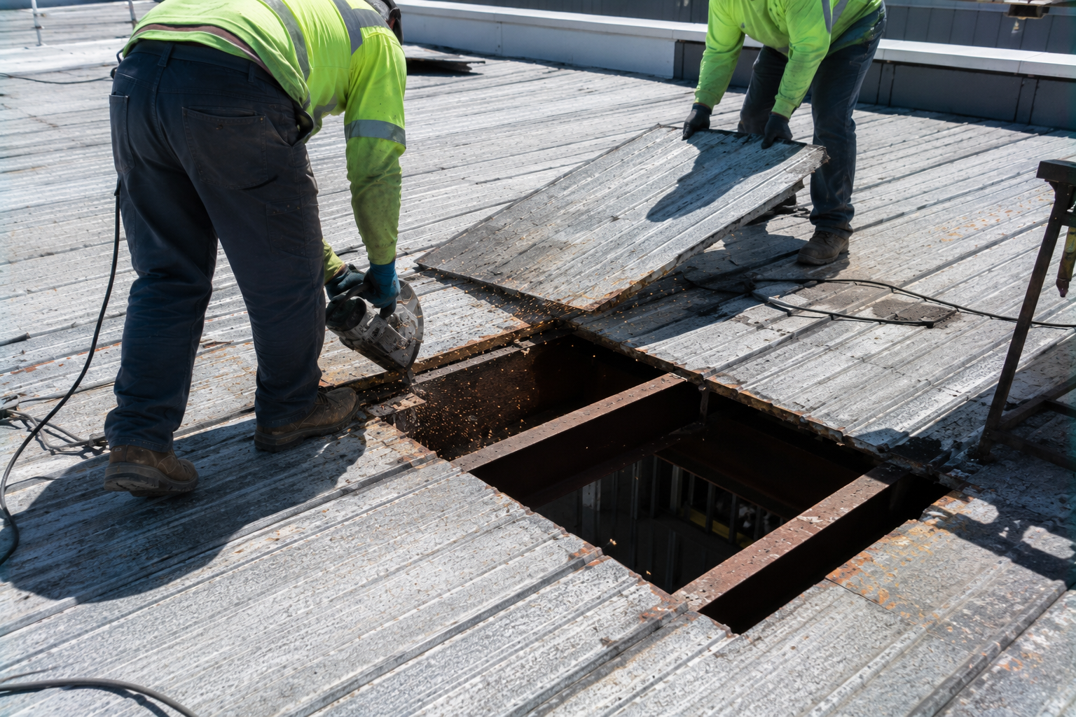 Workers repairing a damaged rooftop around an open hole with lifted roofing panels