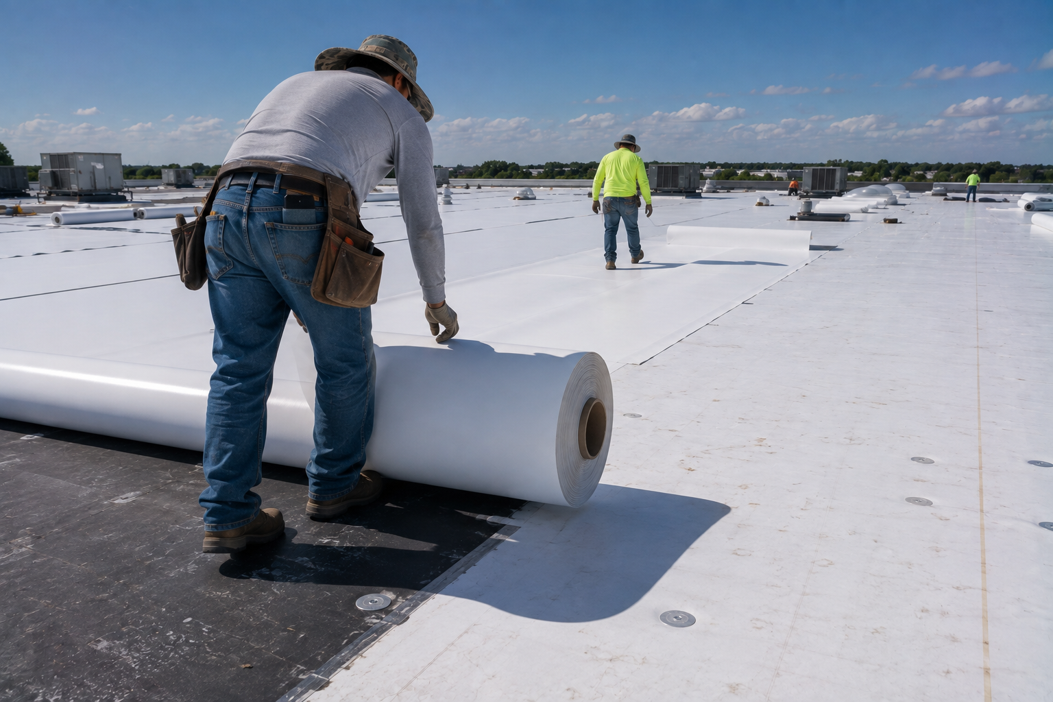 Workers unrolling a white roofing membrane on a flat rooftop under a bright sky