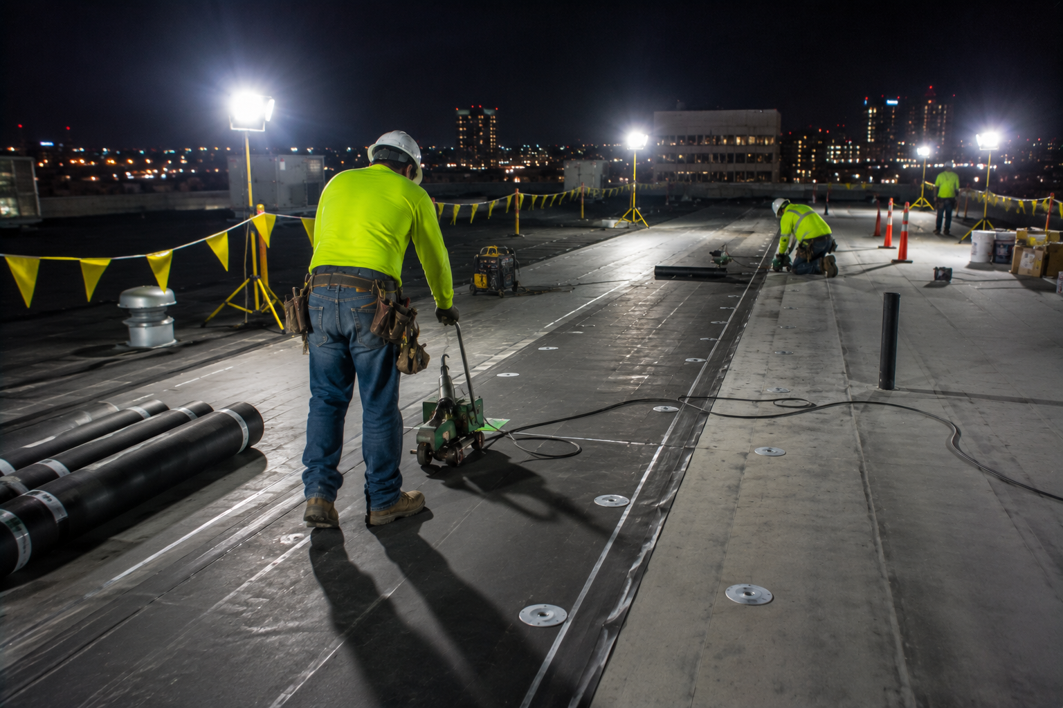 Workers paving a roadway at night under bright floodlights, with equipment and materials along the road