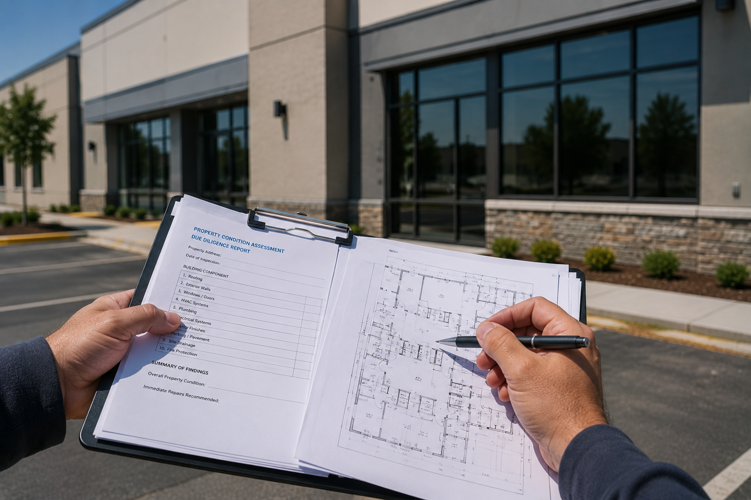 Hands holding a clipboard and pen, reviewing building plans outside a modern office building