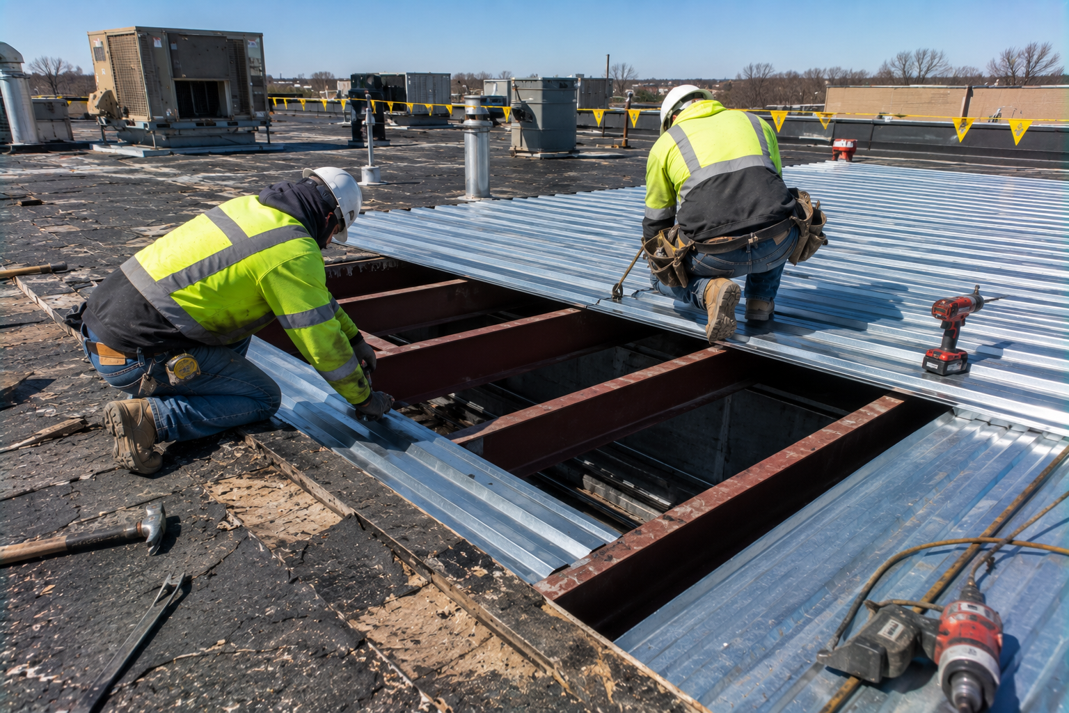 Two workers in high-vis gear repairing a rooftop opening on a flat roof