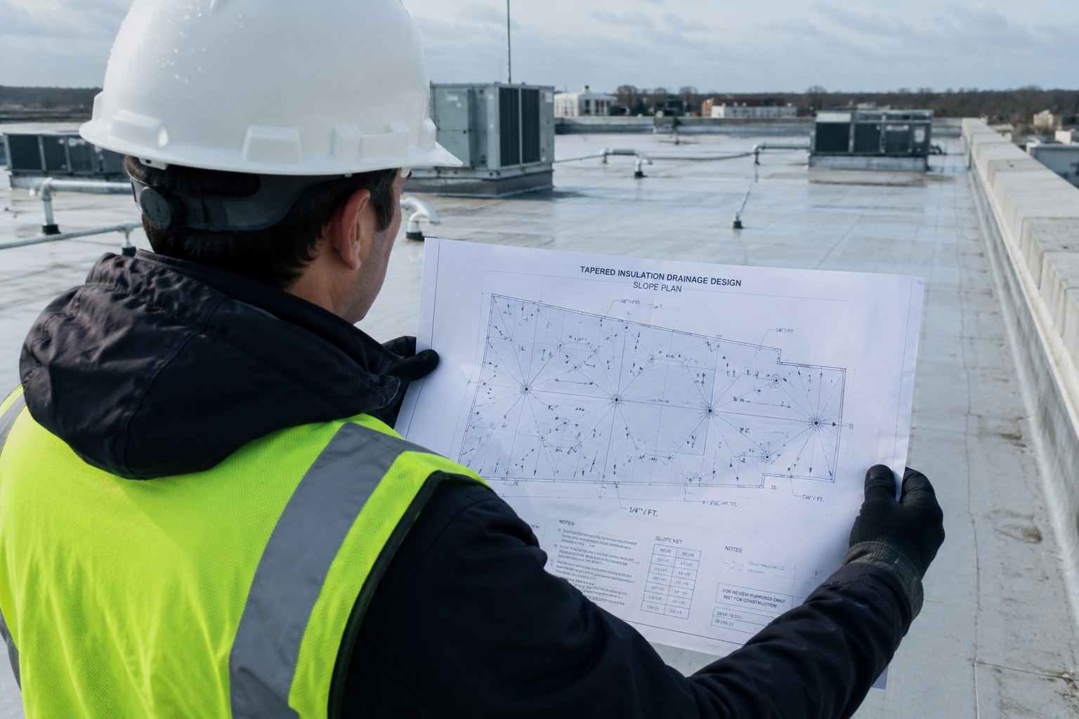 Worker in a white hard hat and neon vest reviews a blueprint on a rooftop.