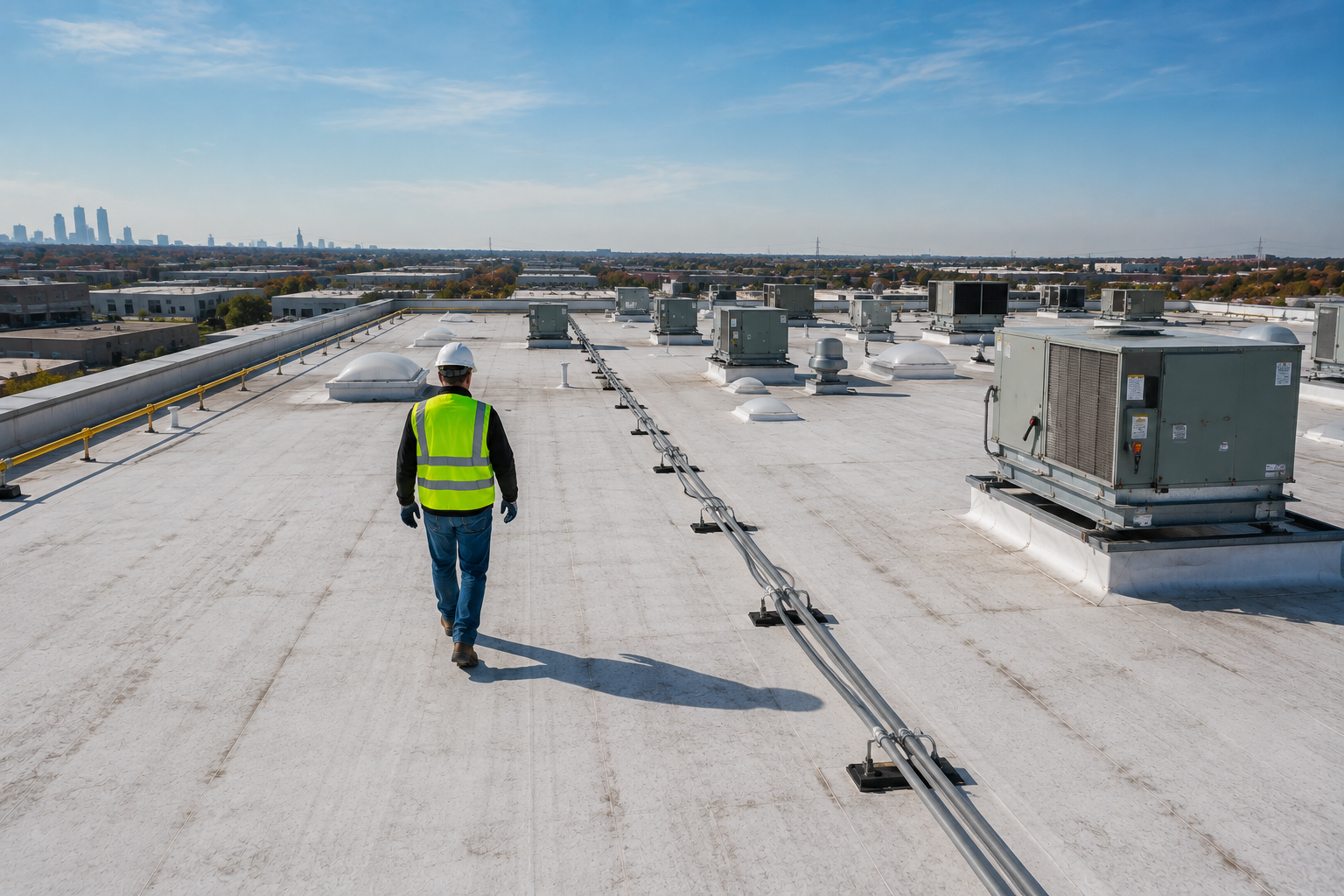 Worker in a neon safety vest and hard hat walking on a flat rooftop with HVAC units.