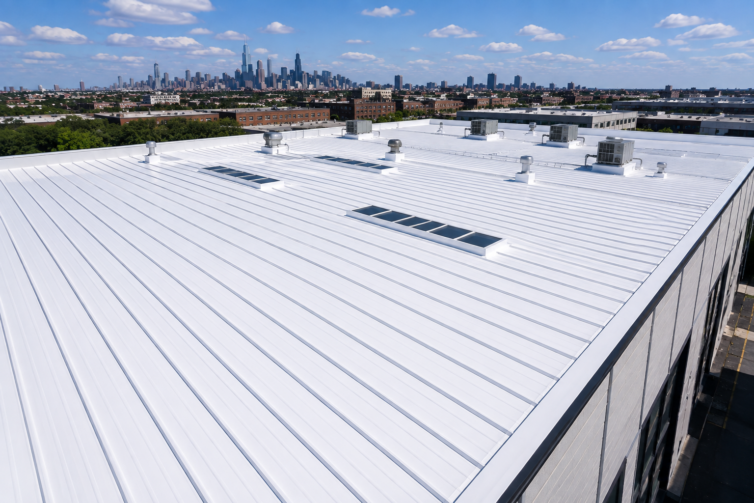 White industrial rooftop with skylights and vents overlooking a city skyline under a clear sky