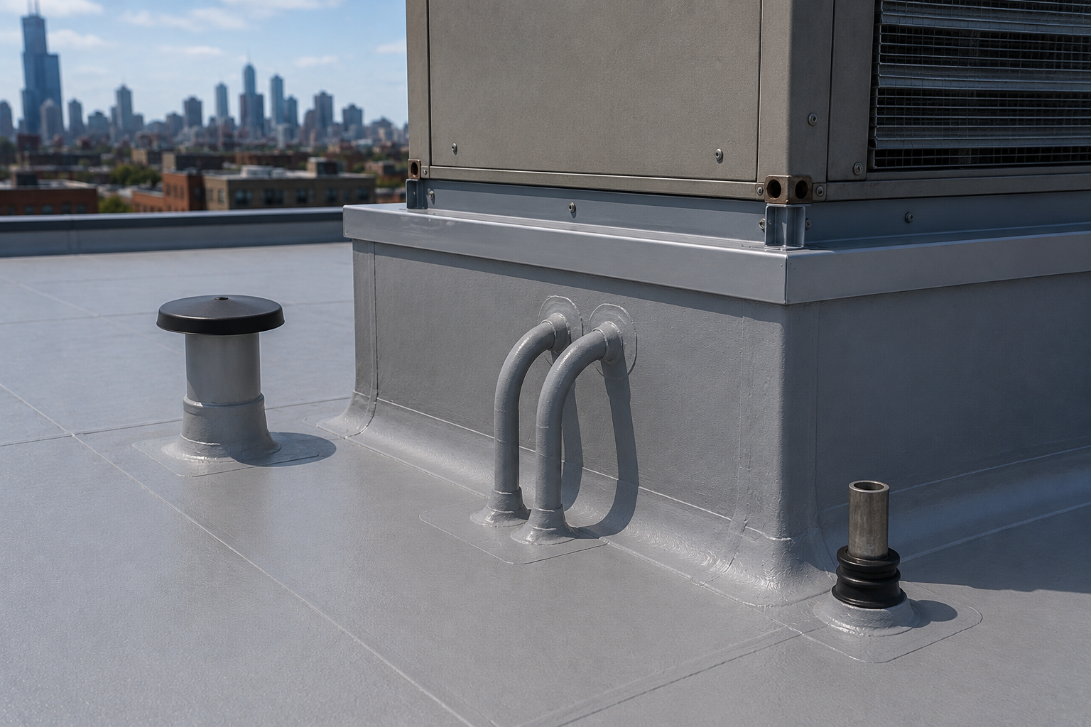 Rooftop with gray HVAC unit, vents, and metal pipes, with a city skyline in the background.
