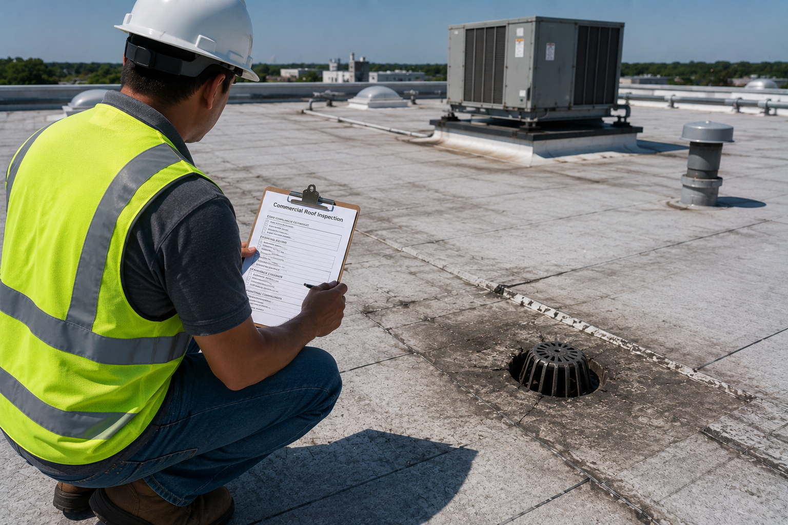 Worker in a hard hat and safety vest inspects a rooftop with clipboard near HVAC units.