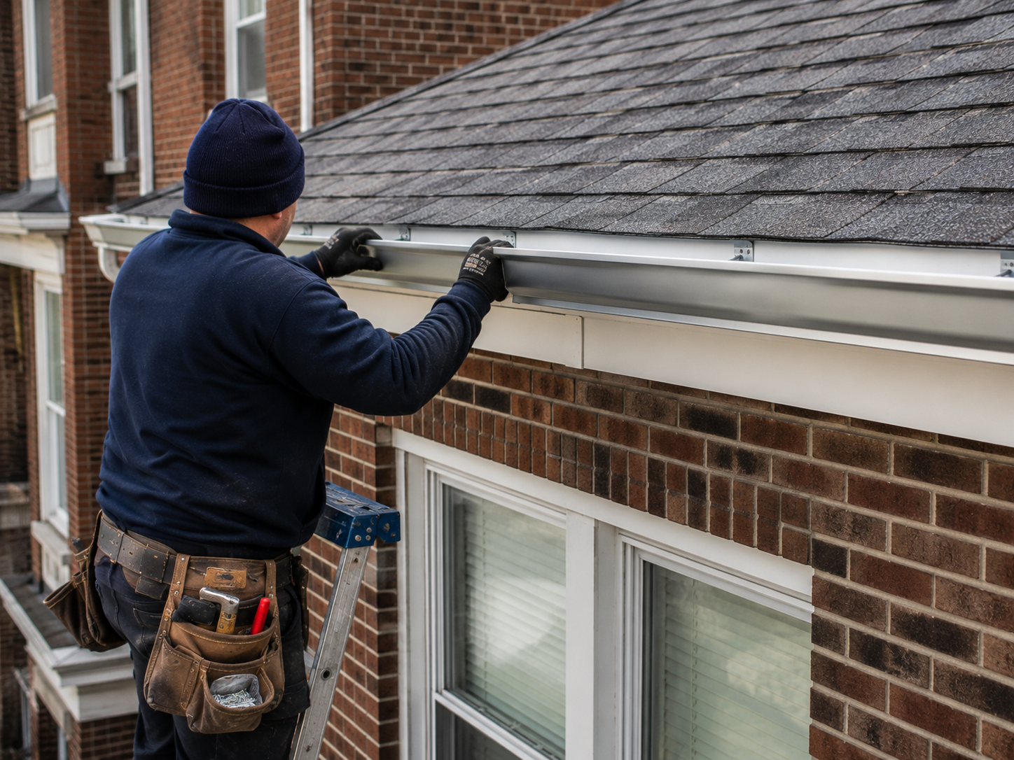 Worker installing gutter on brick house roofline