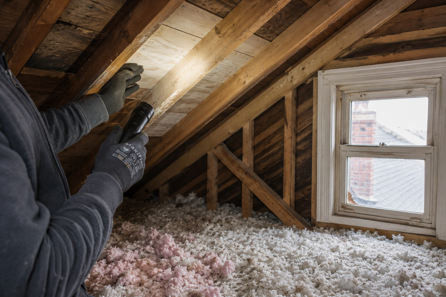 Worker installing insulation in an attic beside a small window and exposed wooden beams