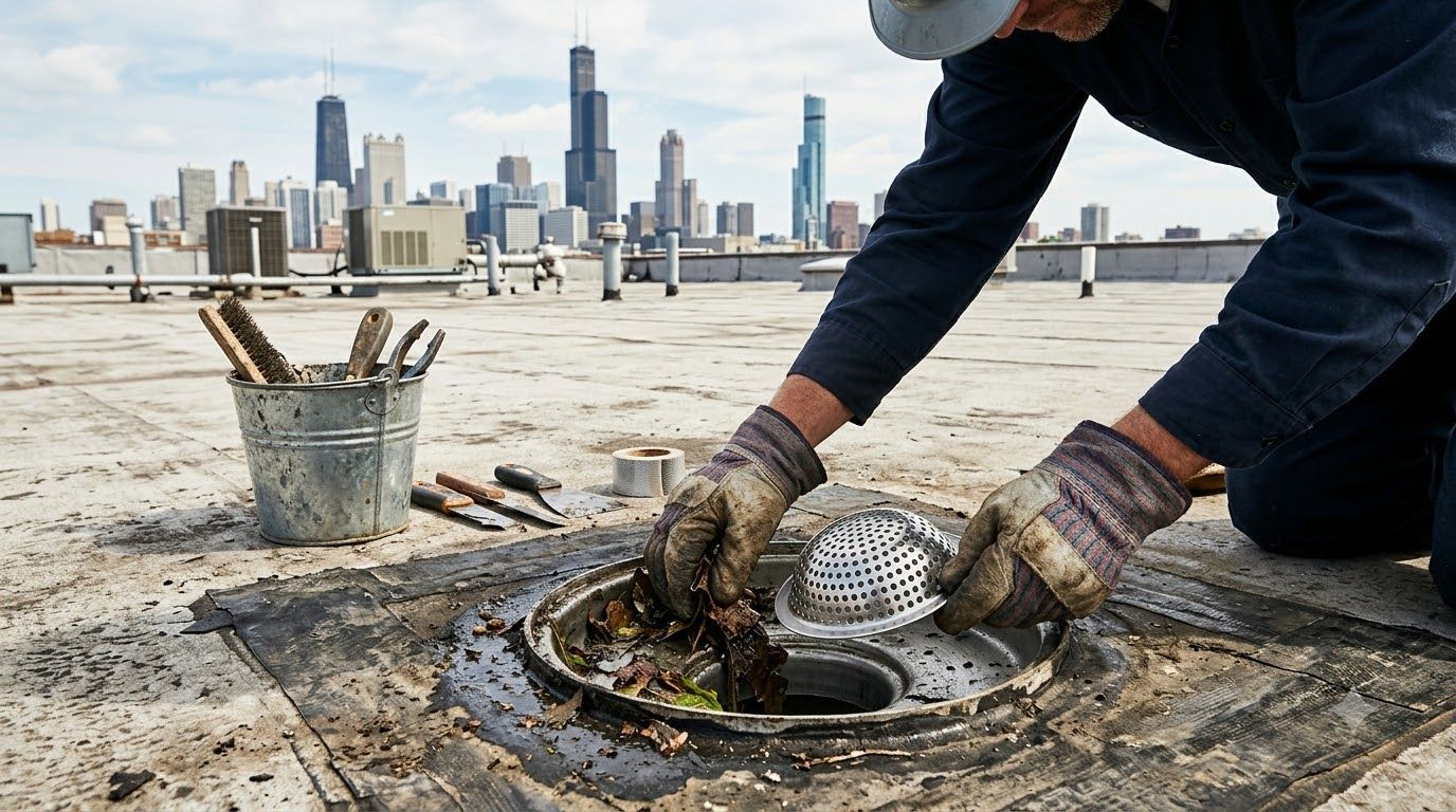 White rooftop with vents overlooking a city skyline under a blue sky