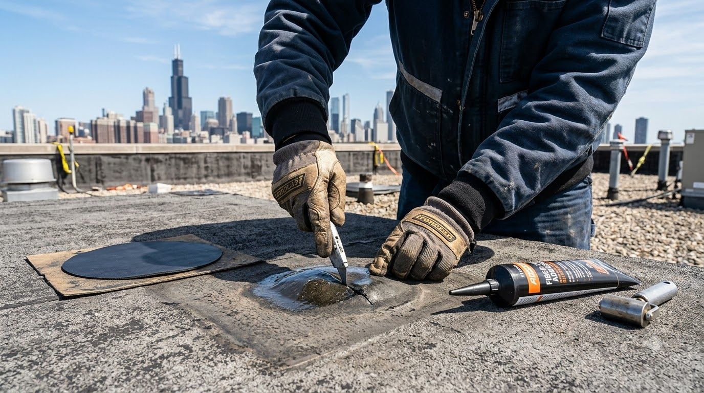 Snow-covered rooftop with metal vents and HVAC equipment under a clear sky