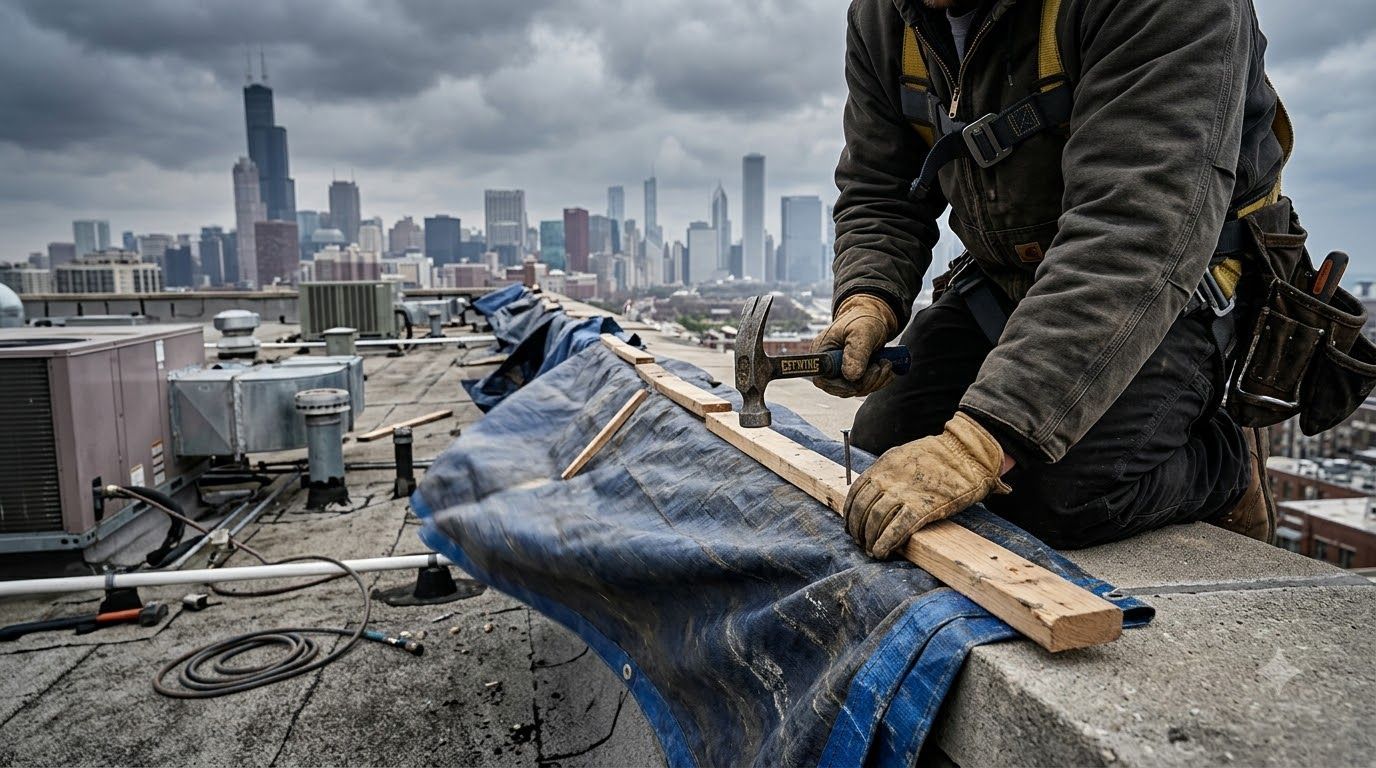 Aerial view of a large white rooftop with a city skyline in the distance under a cloudy sky