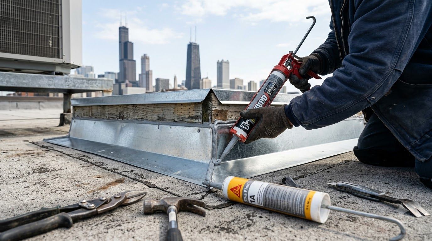 Rooftop with a white flat membrane surface and HVAC unit, city buildings in the background