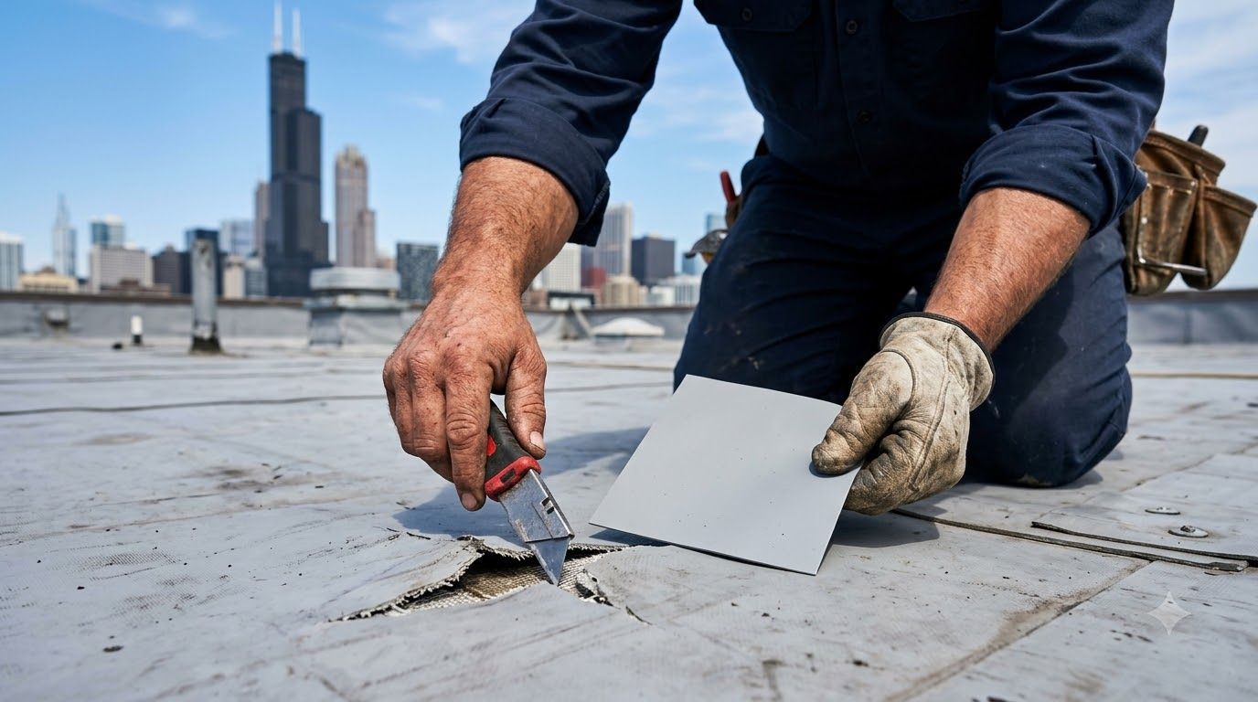 White industrial rooftop with vents and a city skyline in the distance