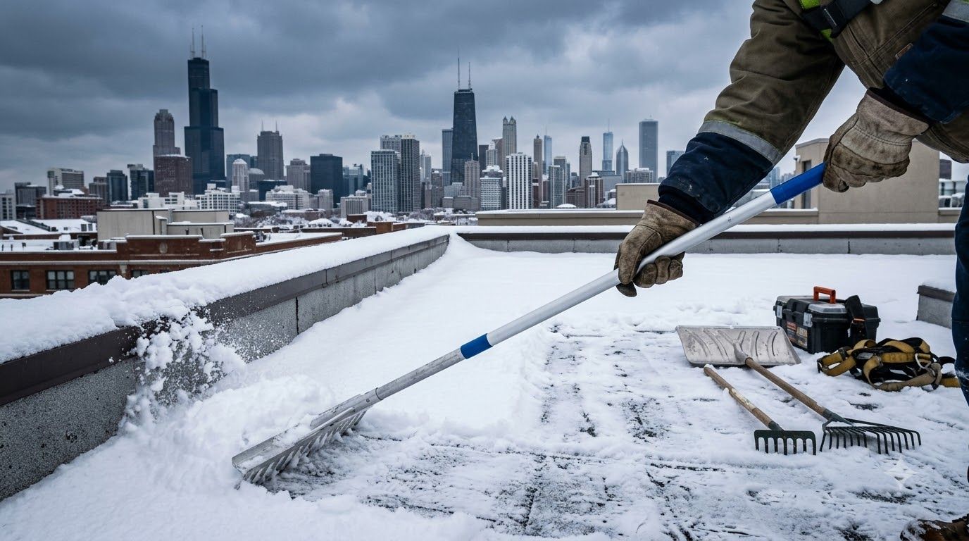 Snow-covered rooftop with a long reflective water channel and a city skyline in the background